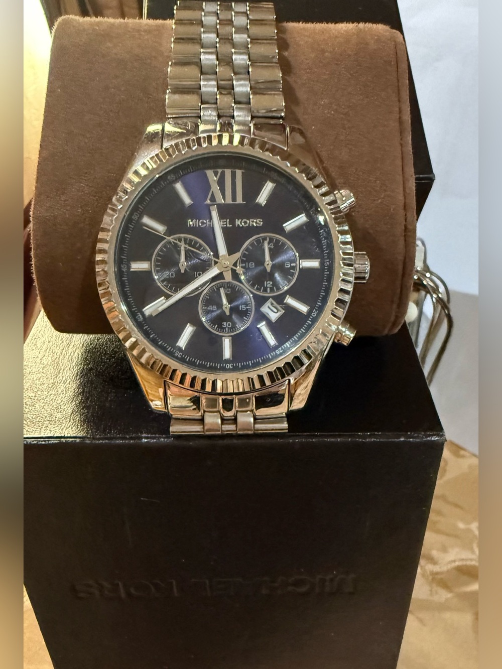 Michael Kors Silver Watch with Black Dial and Yellow Tape Accent